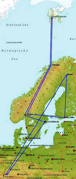 Reiseroute Svalbard (Norwegen) & Äkäslompolo (Finnland)