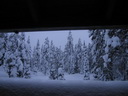 Äkäslompolo, Blockhaus, Blick über den Balkon